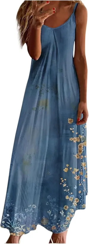 Summer Dresses for Women 2025 Vacation Floral Slip Dress Spaghetti Strap Flower Print Maxi Dresses Casual Sundress