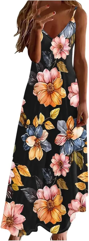 Summer Dresses for Women 2025 Vacation Floral Slip Dress Spaghetti Strap Flowers Printed Maxi Dresses Casual Sundress