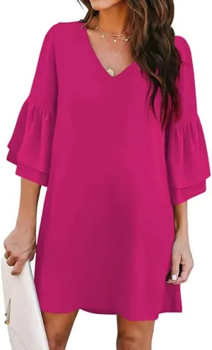 Summer Dresses for Women Casual V Neck Ruffle 3/4 Sleeve Mini Dress Elegant Baggy Solid Color Beach Shift Sundress