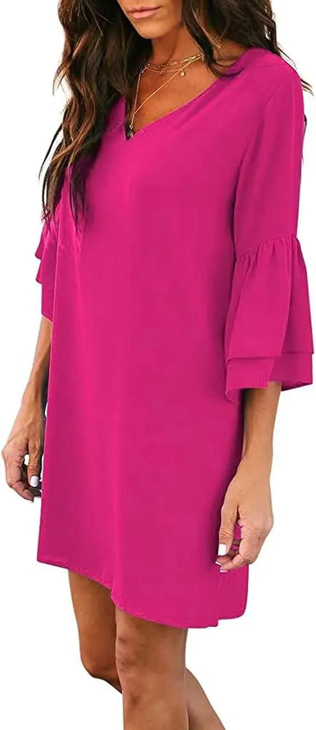 Summer Dresses for Women Casual V Neck Ruffle 3/4 Sleeve Mini Dress Elegant Baggy Solid Color Beach Shift Sundress