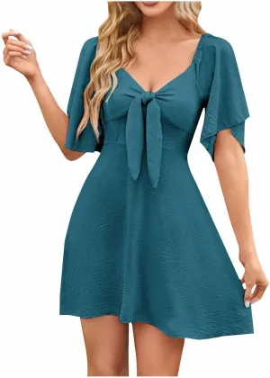 Summer Dresses for Women Short Sleeve V Neck Tie Knot Dress Casual Slim Fit Flowy Swing Vacation Mini Dresses