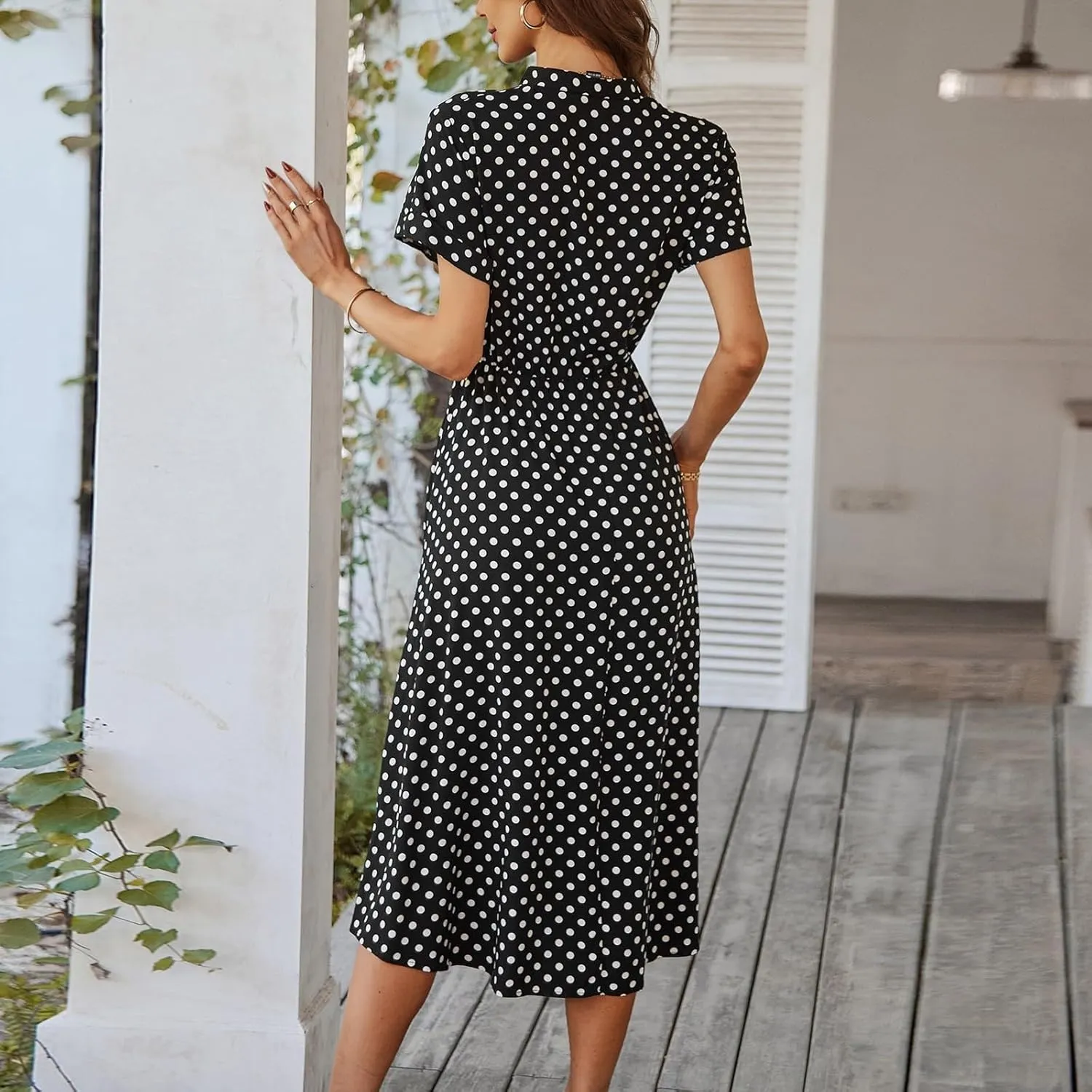 Summer Dresses for Women Trendy Short Sleeve Ruched Tie Waist Dress V Neck Polka Dot Button Down Boho Midi Sundress