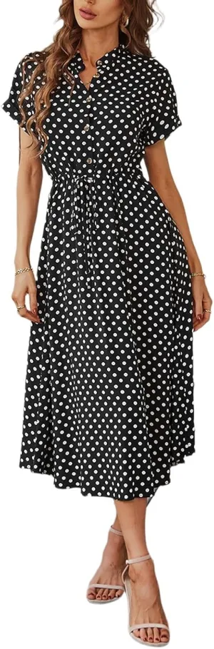 Summer Dresses for Women Trendy Short Sleeve Ruched Tie Waist Dress V Neck Polka Dot Button Down Boho Midi Sundress
