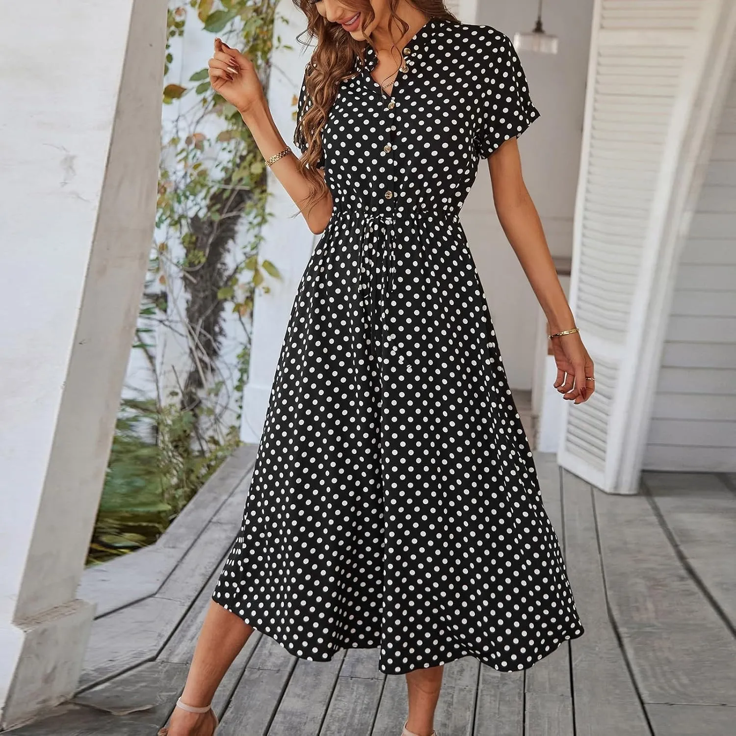 Summer Dresses for Women Trendy Short Sleeve Ruched Tie Waist Dress V Neck Polka Dot Button Down Boho Midi Sundress
