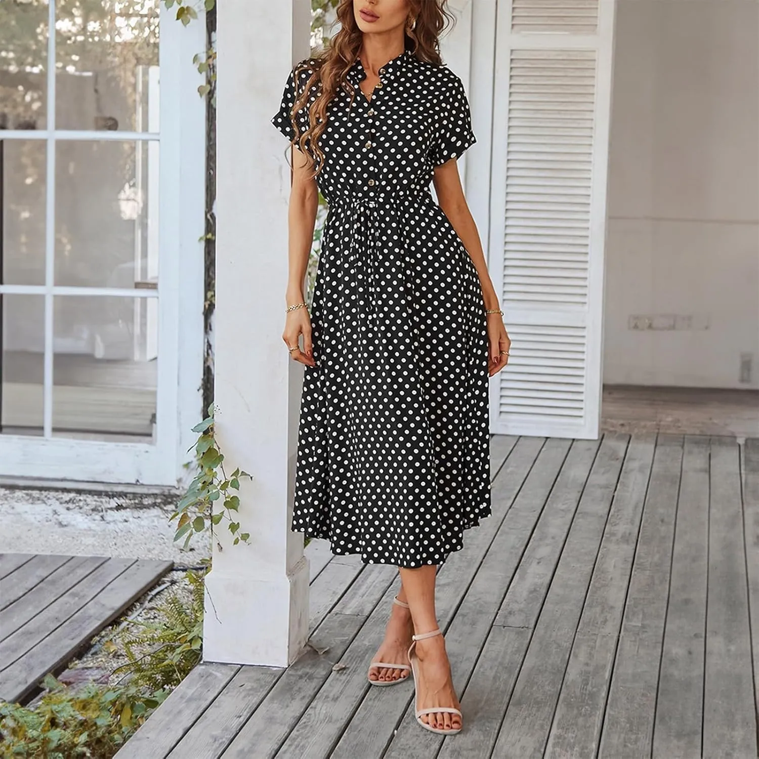 Summer Dresses for Women Trendy Short Sleeve Ruched Tie Waist Dress V Neck Polka Dot Button Down Boho Midi Sundress
