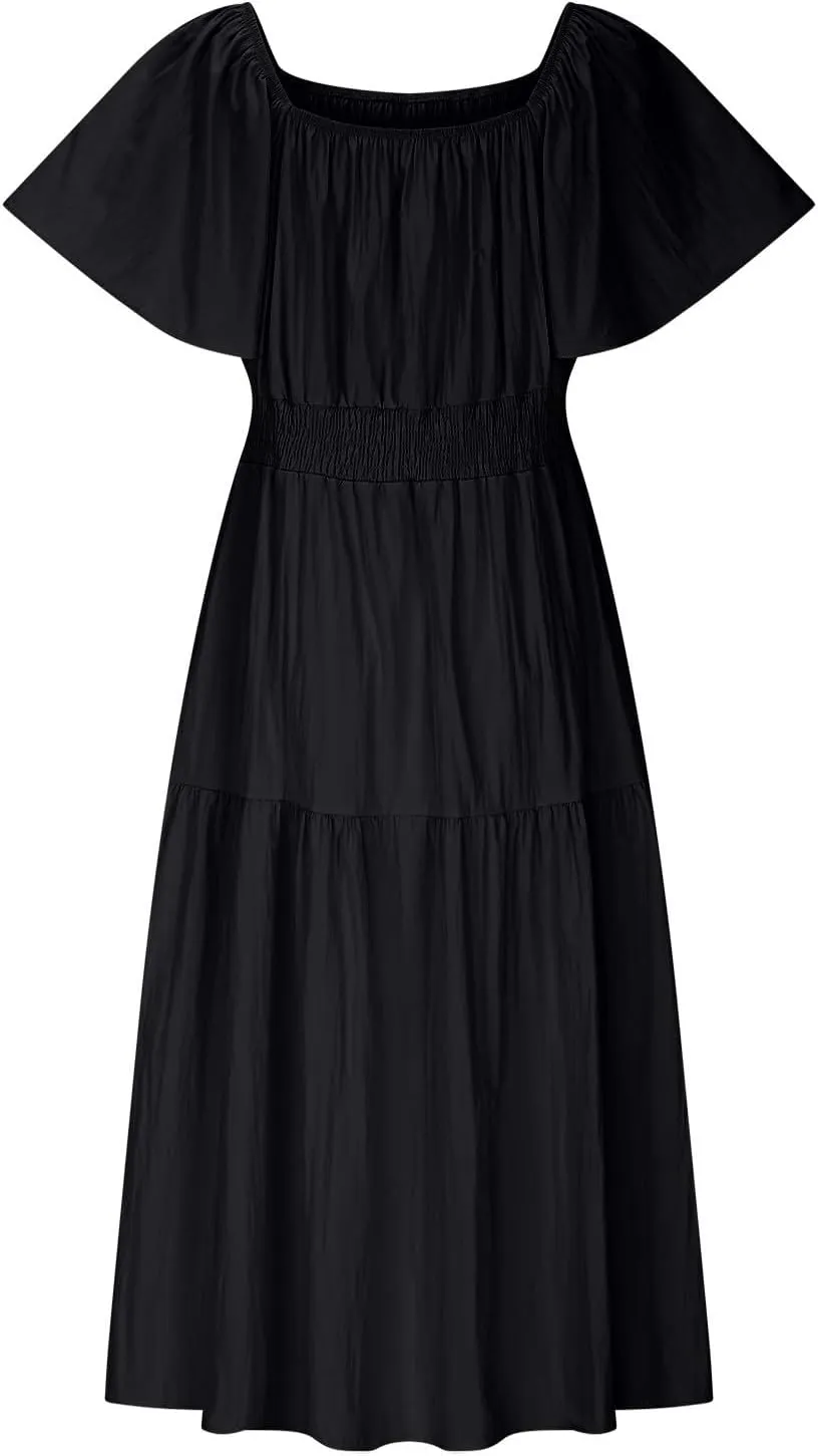 Summer Elegant Dresses for Women Short Sleeve Square Neck Smocked Waist Pleated Tiered Flowy Swing Midi Ruffle Dress