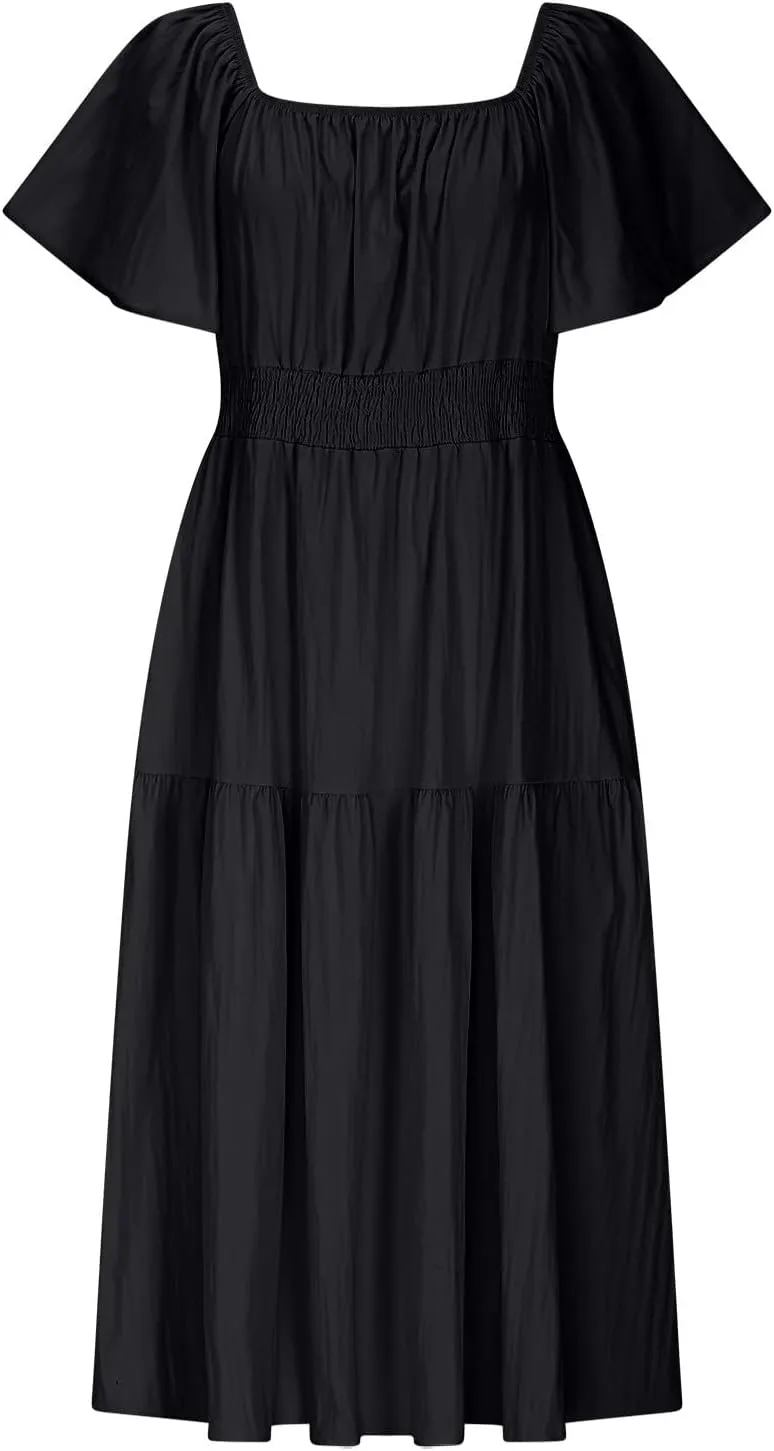 Summer Elegant Dresses for Women Short Sleeve Square Neck Smocked Waist Pleated Tiered Flowy Swing Midi Ruffle Dress