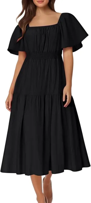 Summer Elegant Dresses for Women Short Sleeve Square Neck Smocked Waist Pleated Tiered Flowy Swing Midi Ruffle Dress