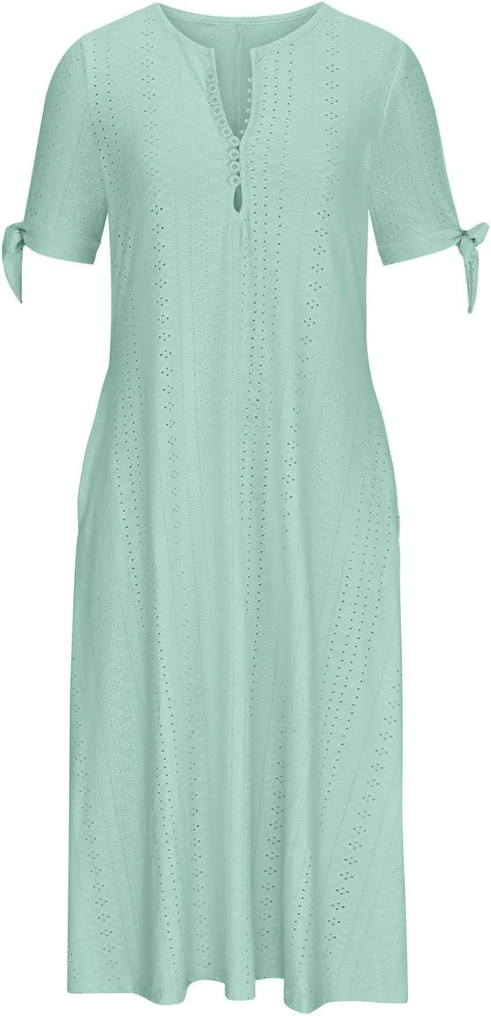 Summer Eyelet Dresses for Women 2024 with Pockets Short Sleeve Button V Neck Flowy A Line Casual Boho Midi Sun Dress
