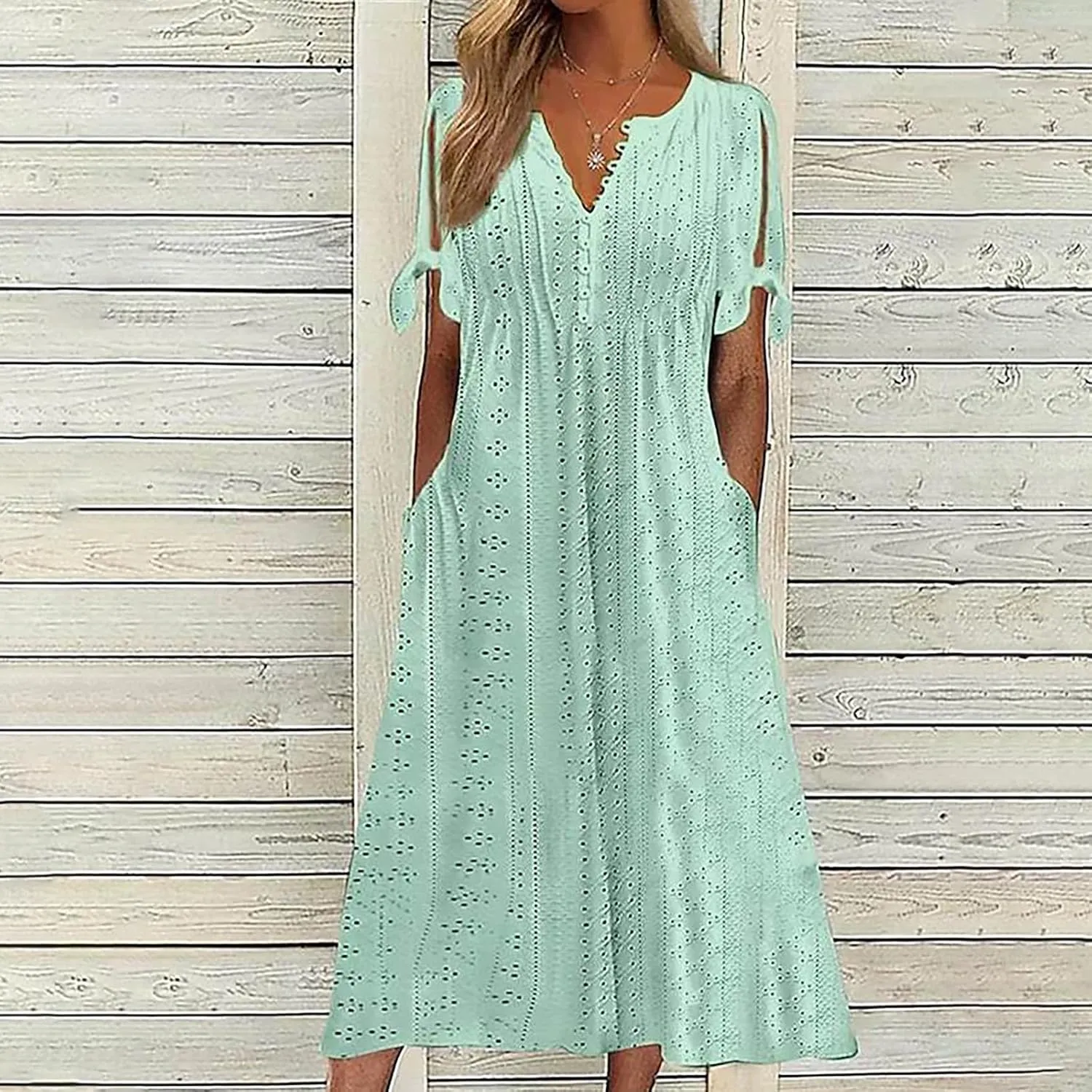Summer Eyelet Dresses for Women 2024 with Pockets Short Sleeve Button V Neck Flowy A Line Casual Boho Midi Sun Dress