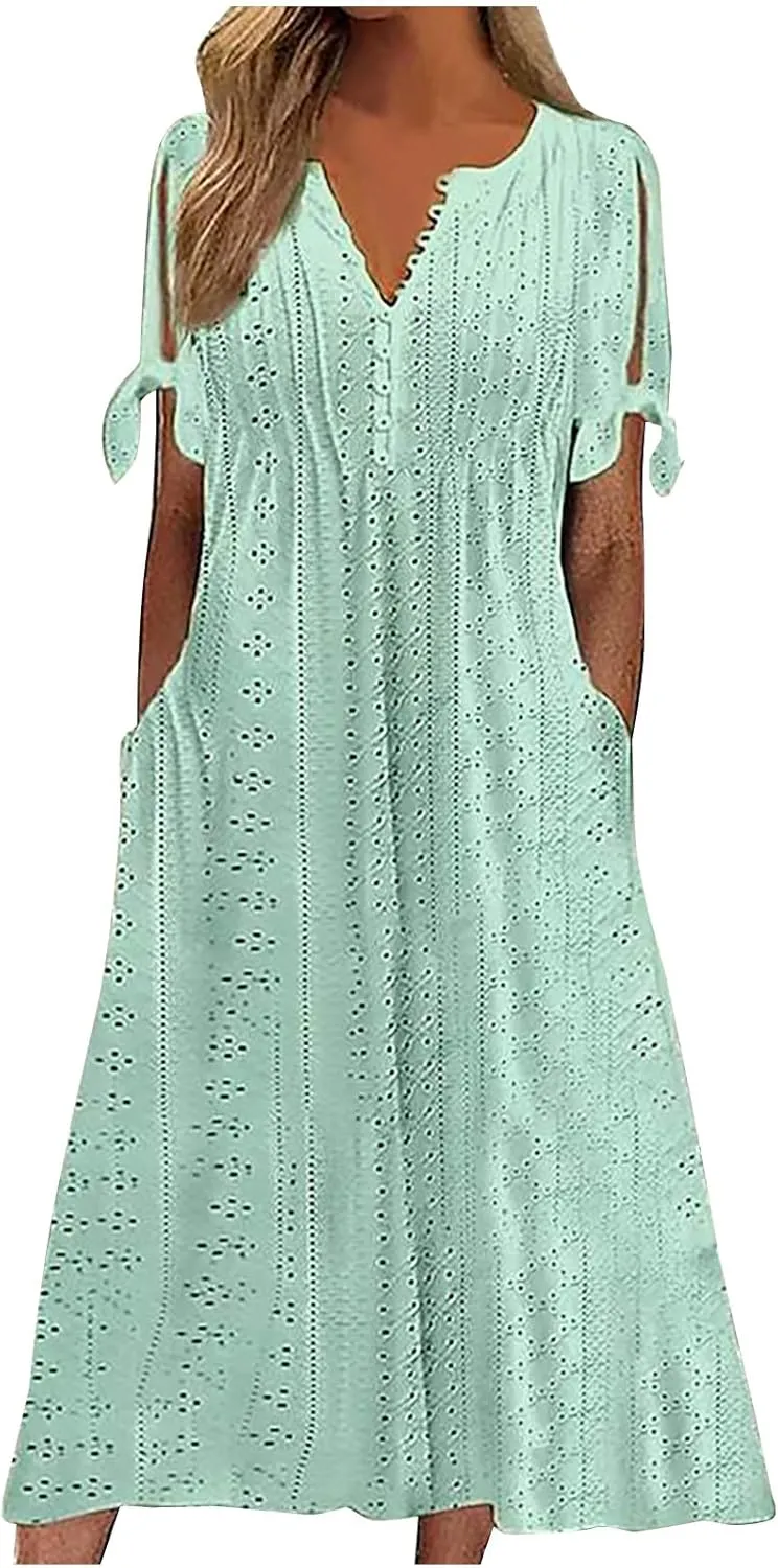 Summer Eyelet Dresses for Women 2024 with Pockets Short Sleeve Button V Neck Flowy A Line Casual Boho Midi Sun Dress