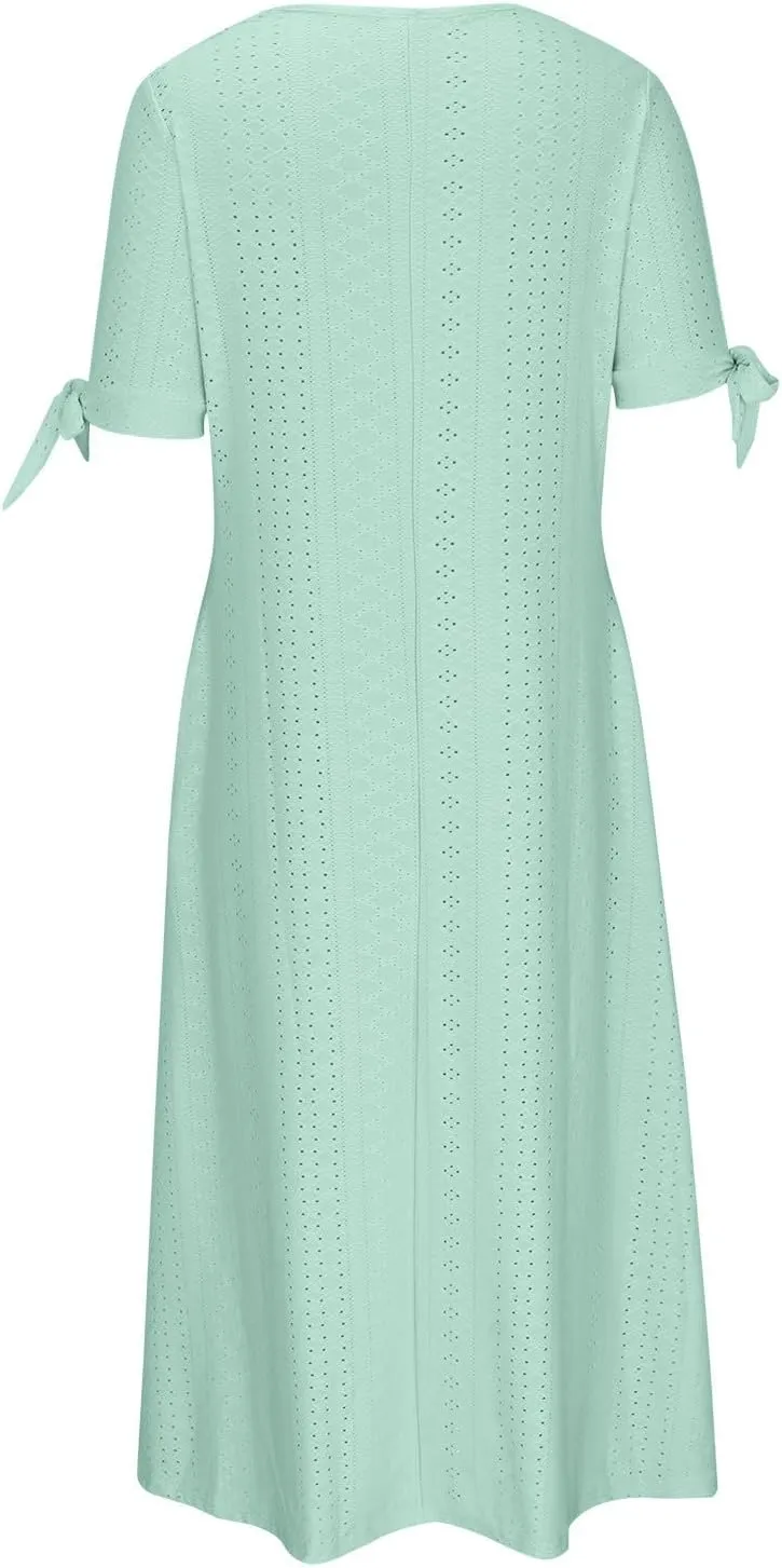 Summer Eyelet Dresses for Women 2024 with Pockets Short Sleeve Button V Neck Flowy A Line Casual Boho Midi Sun Dress