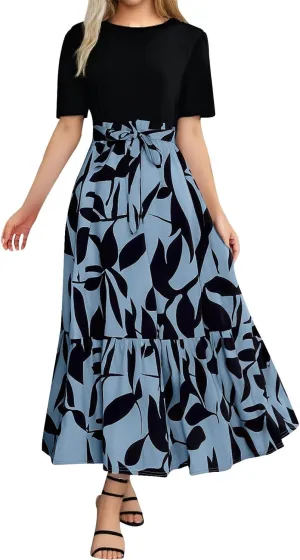 Summer Floral Dresses for Women Patchwork Short Sleeve Flowy Dress with Belt Ruffle Hem Elegant Casual Maxi Dress