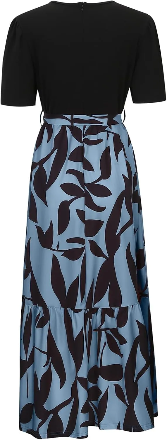 Summer Floral Dresses for Women Patchwork Short Sleeve Flowy Dress with Belt Ruffle Hem Elegant Casual Maxi Dress