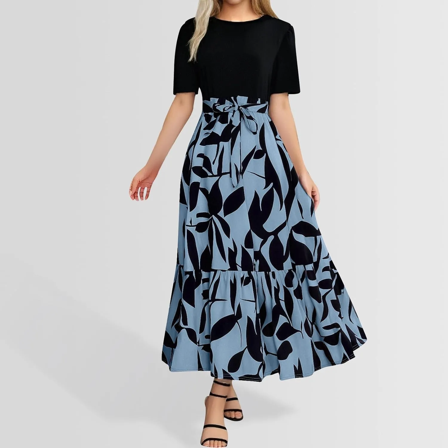 Summer Floral Dresses for Women Patchwork Short Sleeve Flowy Dress with Belt Ruffle Hem Elegant Casual Maxi Dress