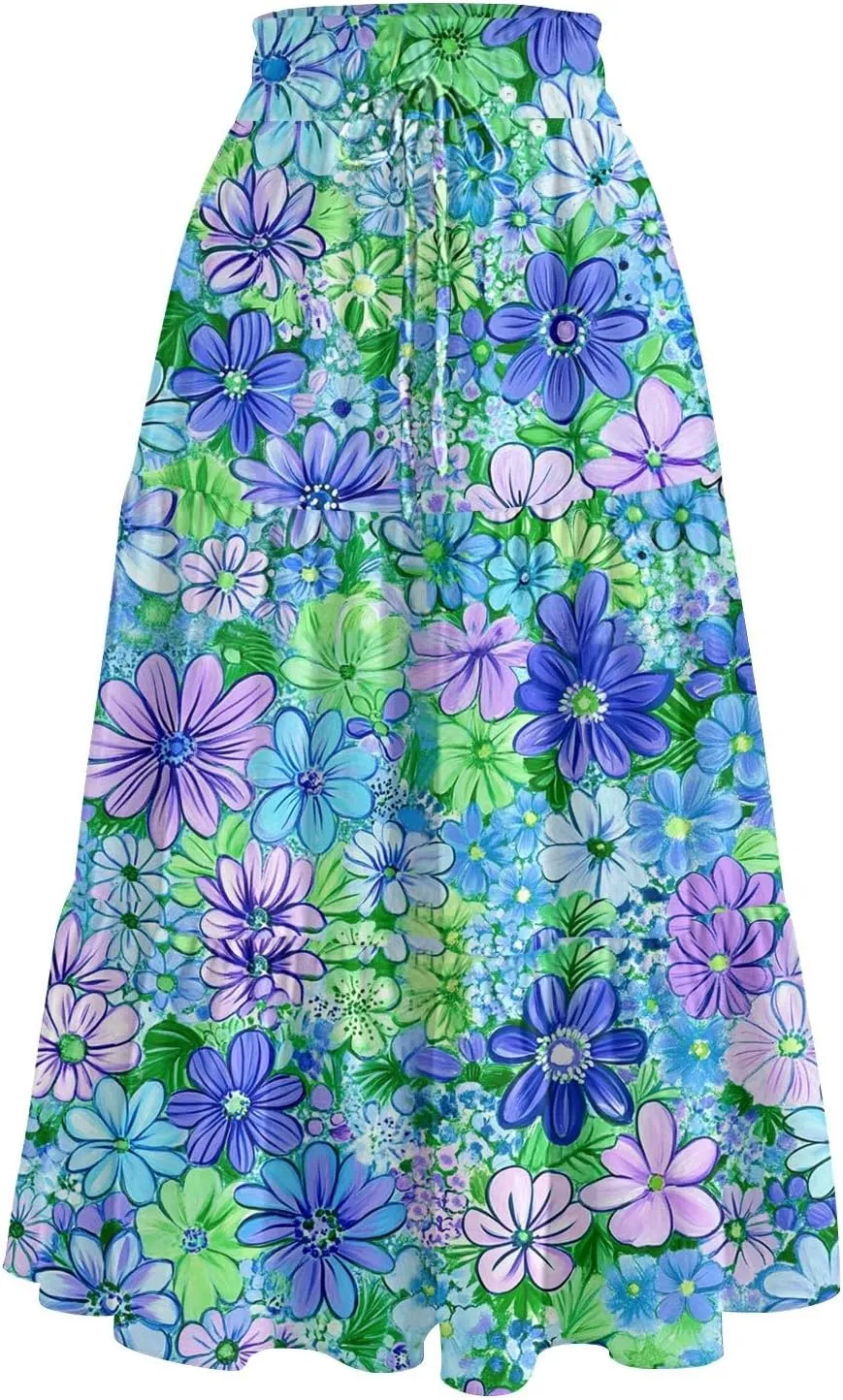 Summer Floral Midi Skirt for Women Comfy Tiered Elastic High Waisted Vacation A-Line Flowy Swing Long
