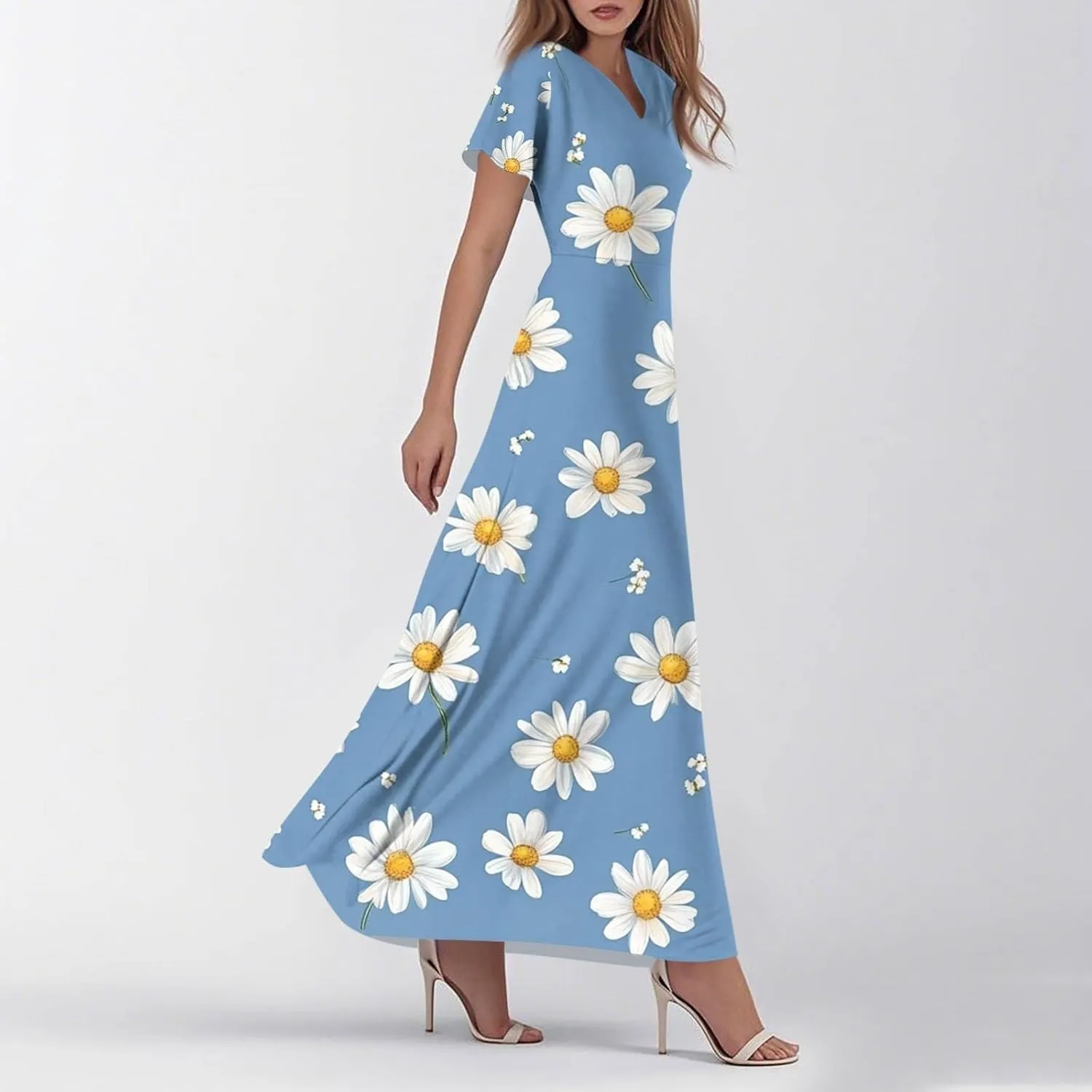 Summer Long Dress for Women Casual Puff Short Sleeve V Neck Plus Size Flowy Ankle Length Maxi Dress