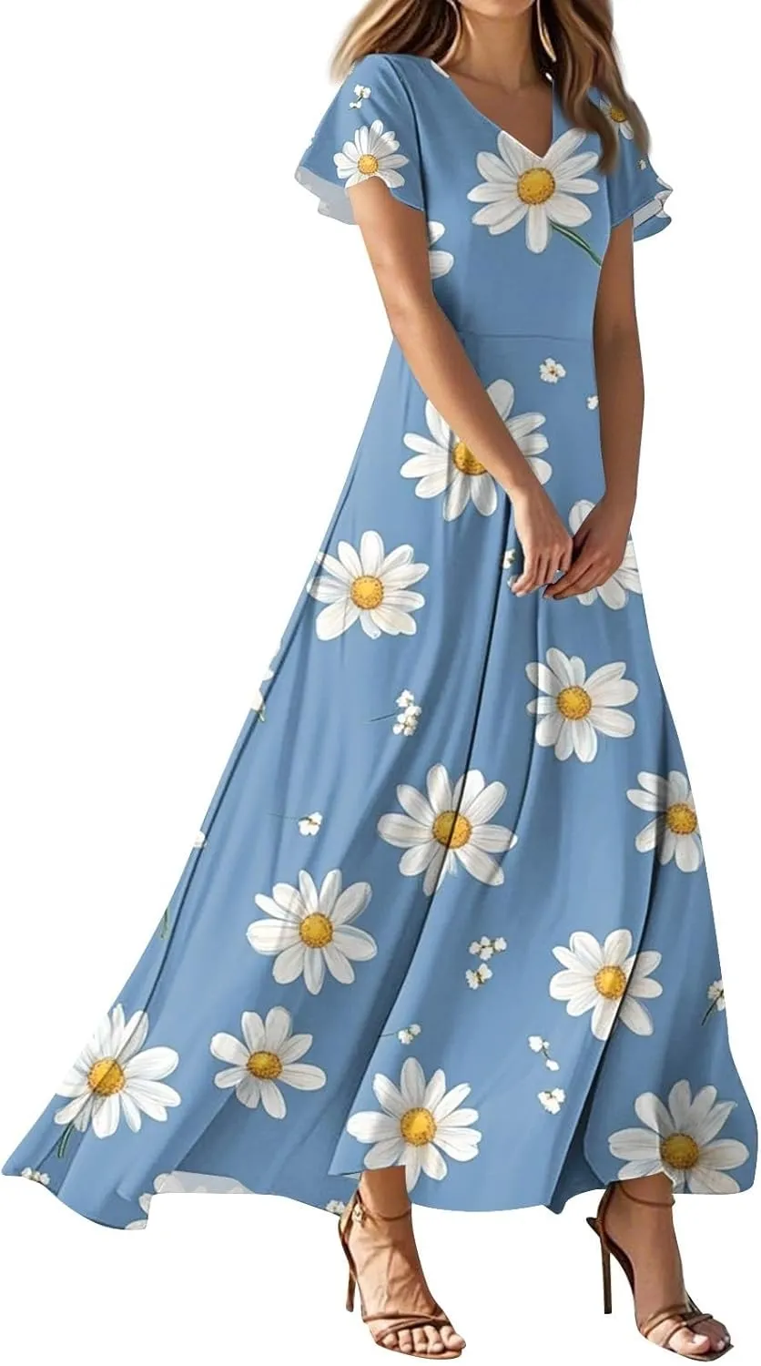 Summer Long Dress for Women Casual Puff Short Sleeve V Neck Plus Size Flowy Ankle Length Maxi Dress