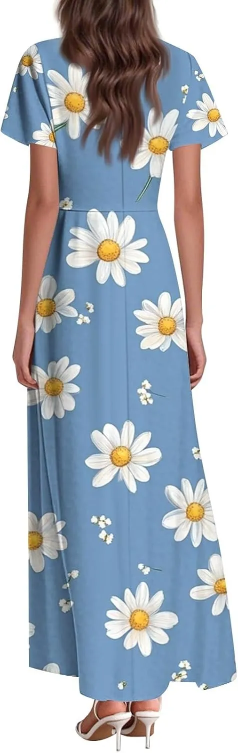 Summer Long Dress for Women Casual Puff Short Sleeve V Neck Plus Size Flowy Ankle Length Maxi Dress