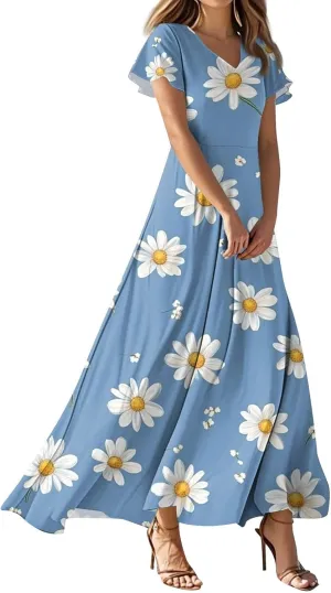 Summer Long Dress for Women Casual Puff Short Sleeve V Neck Plus Size Flowy Ankle Length Maxi Dress