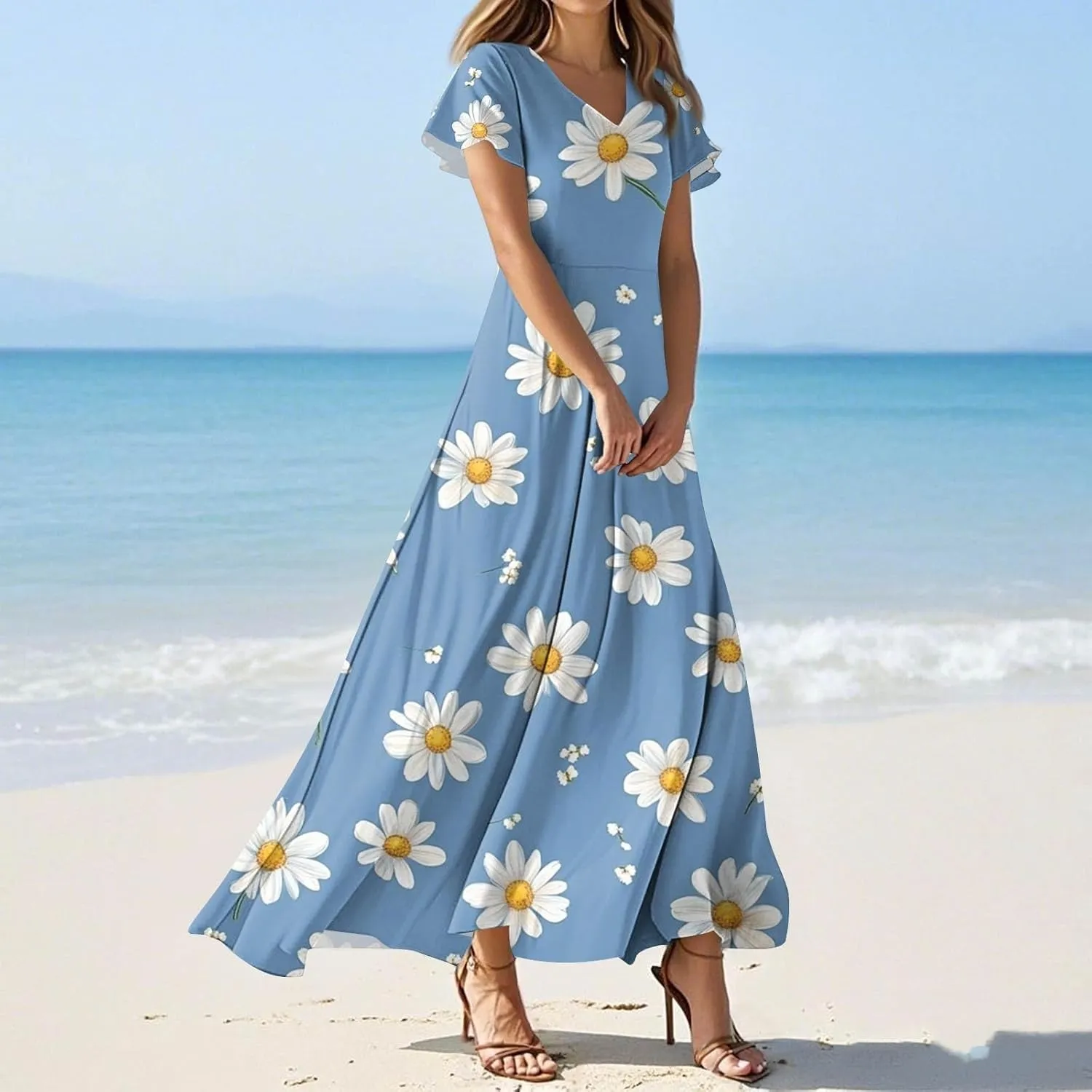 Summer Long Dress for Women Casual Puff Short Sleeve V Neck Plus Size Flowy Ankle Length Maxi Dress