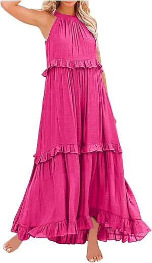 Summer Maxi Dresses for Women 2025 Elegant Flowy Tiered Ruffle Dress Casual Loose Swing Beach Vacation Clothes