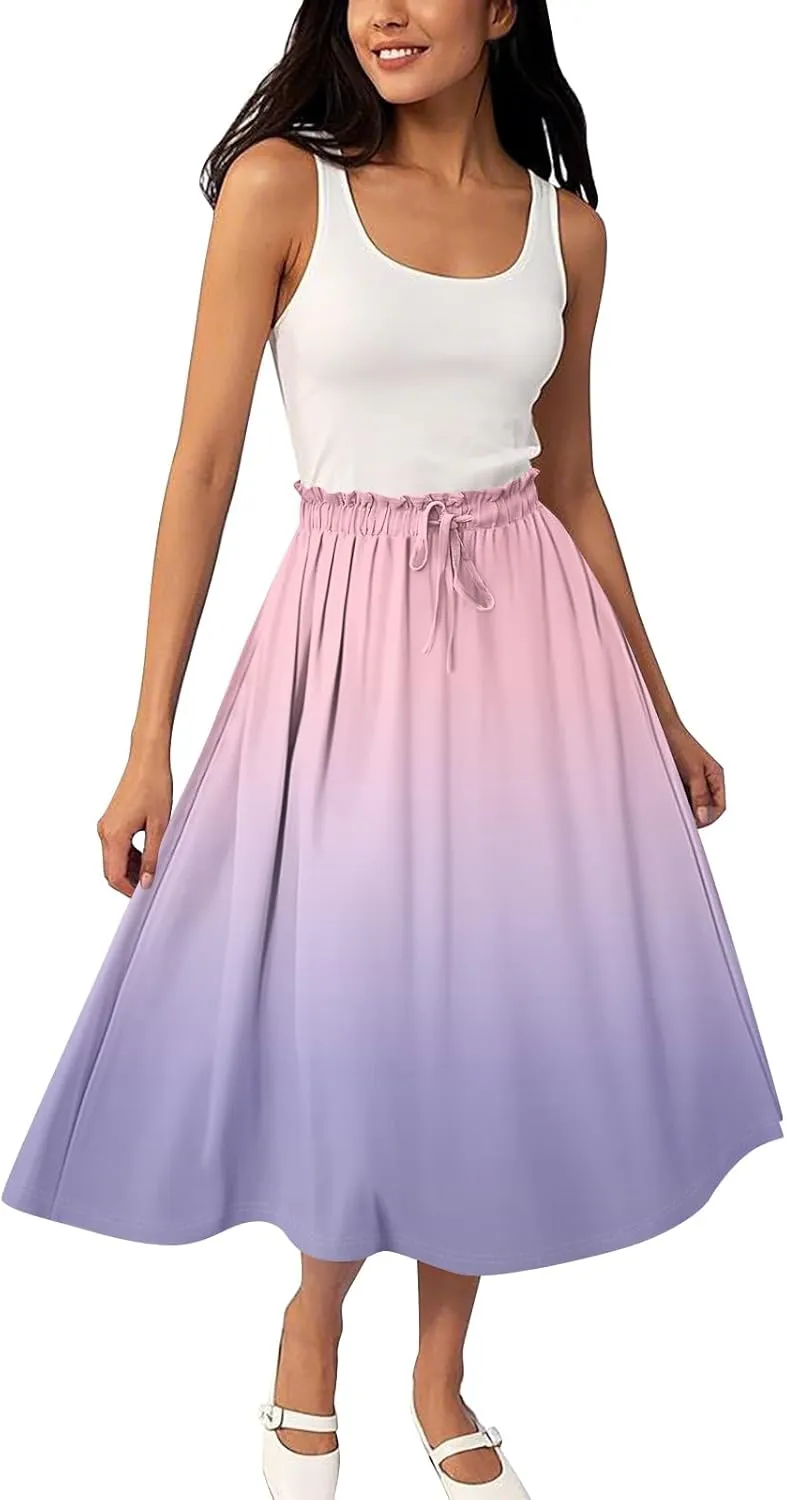 Summer Midi Skirts for Women 2025 Drawstring Elastic Waist Calf Length Skirts Pleated A-Line Polka Dots Boho Skirt