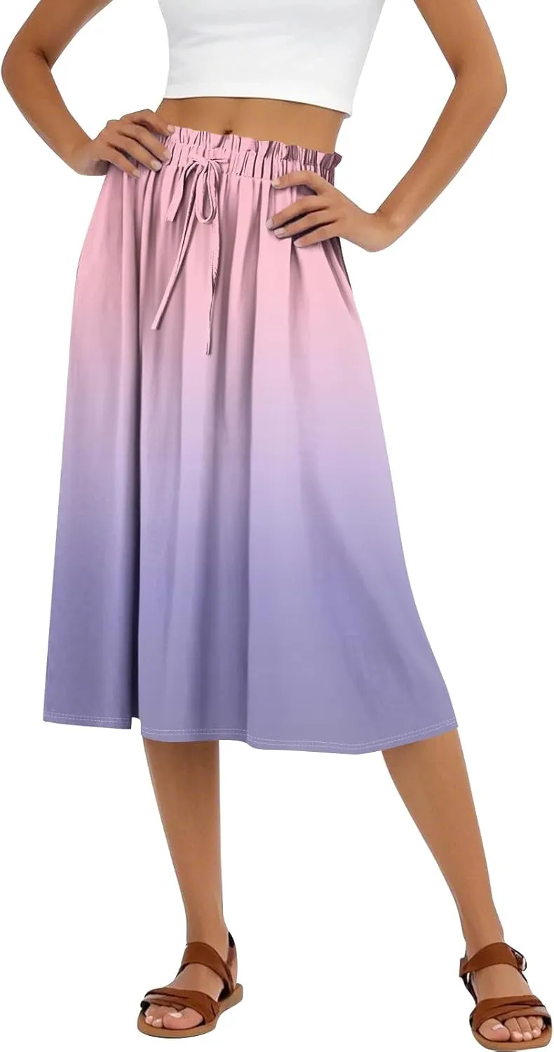 Summer Midi Skirts for Women 2025 Drawstring Elastic Waist Calf Length Skirts Pleated A-Line Polka Dots Boho Skirt