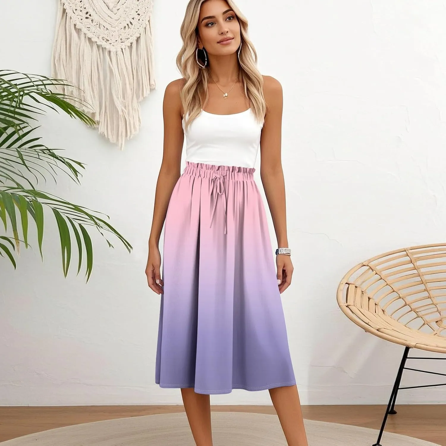 Summer Midi Skirts for Women 2025 Drawstring Elastic Waist Calf Length Skirts Pleated A-Line Polka Dots Boho Skirt