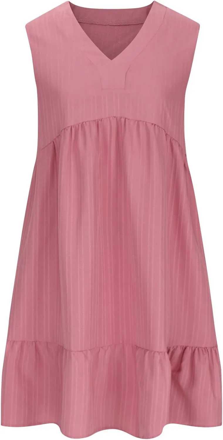 Summer Mini Dress for Women 2025 Pleated Ruffle Dresses Sleeveless V Neck Patchwork Sundress Beach Vacation Outfits