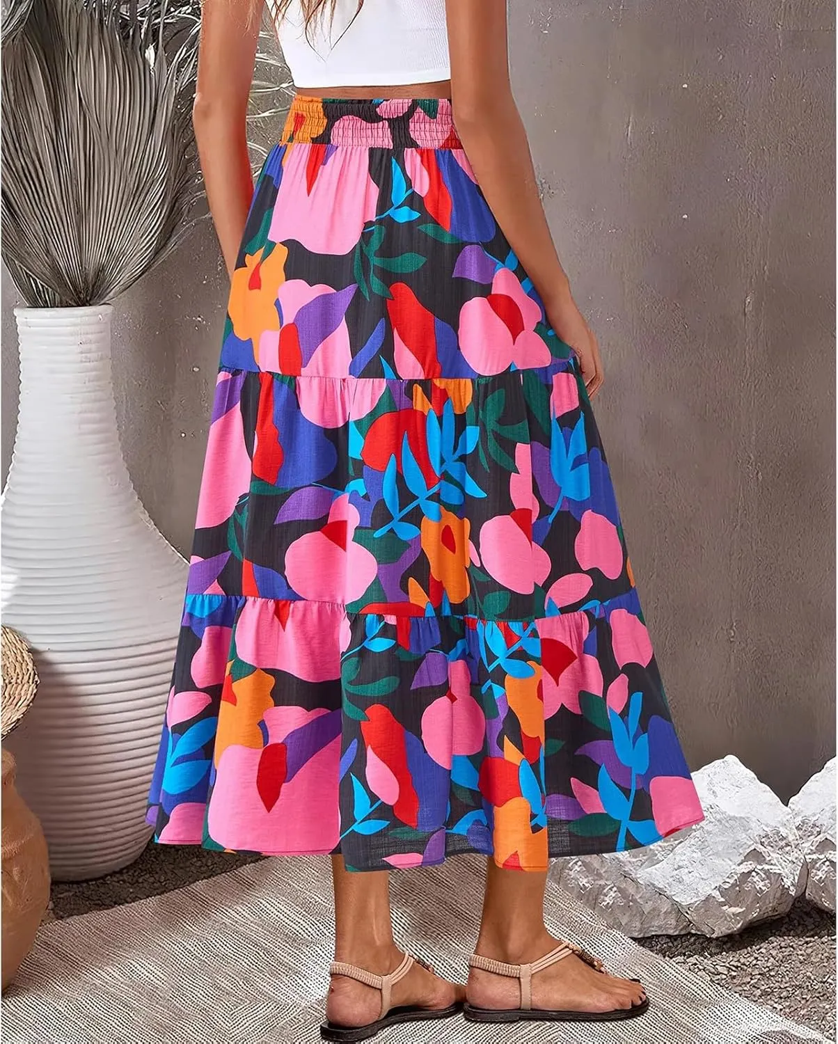 Summer Skirts for Women 2025 Loose Casual Trendy Elastic Waist Floral Print Boho Maxi Beach Skirt, S-2XL