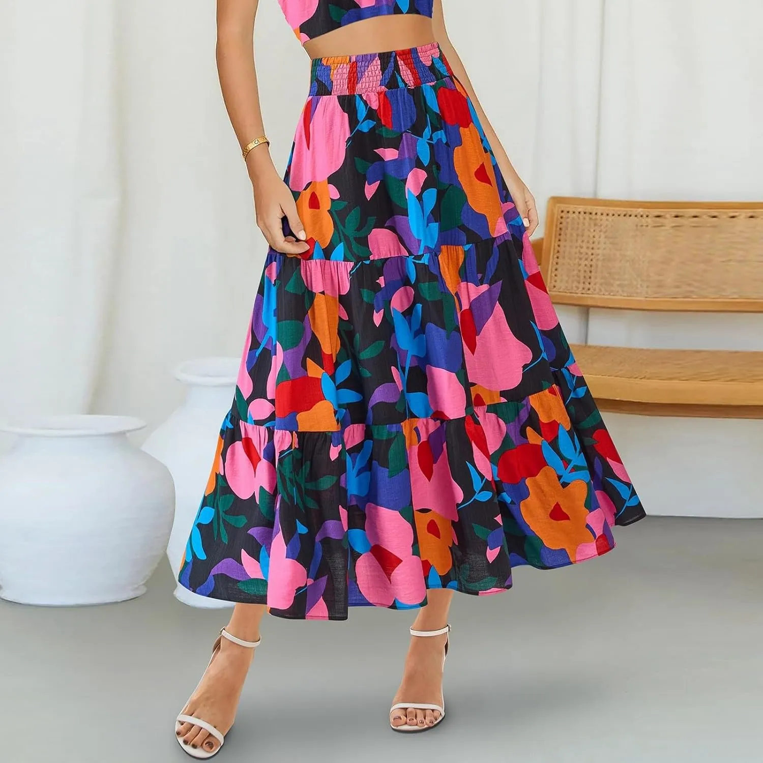 Summer Skirts for Women 2025 Loose Casual Trendy Elastic Waist Floral Print Boho Maxi Beach Skirt, S-2XL