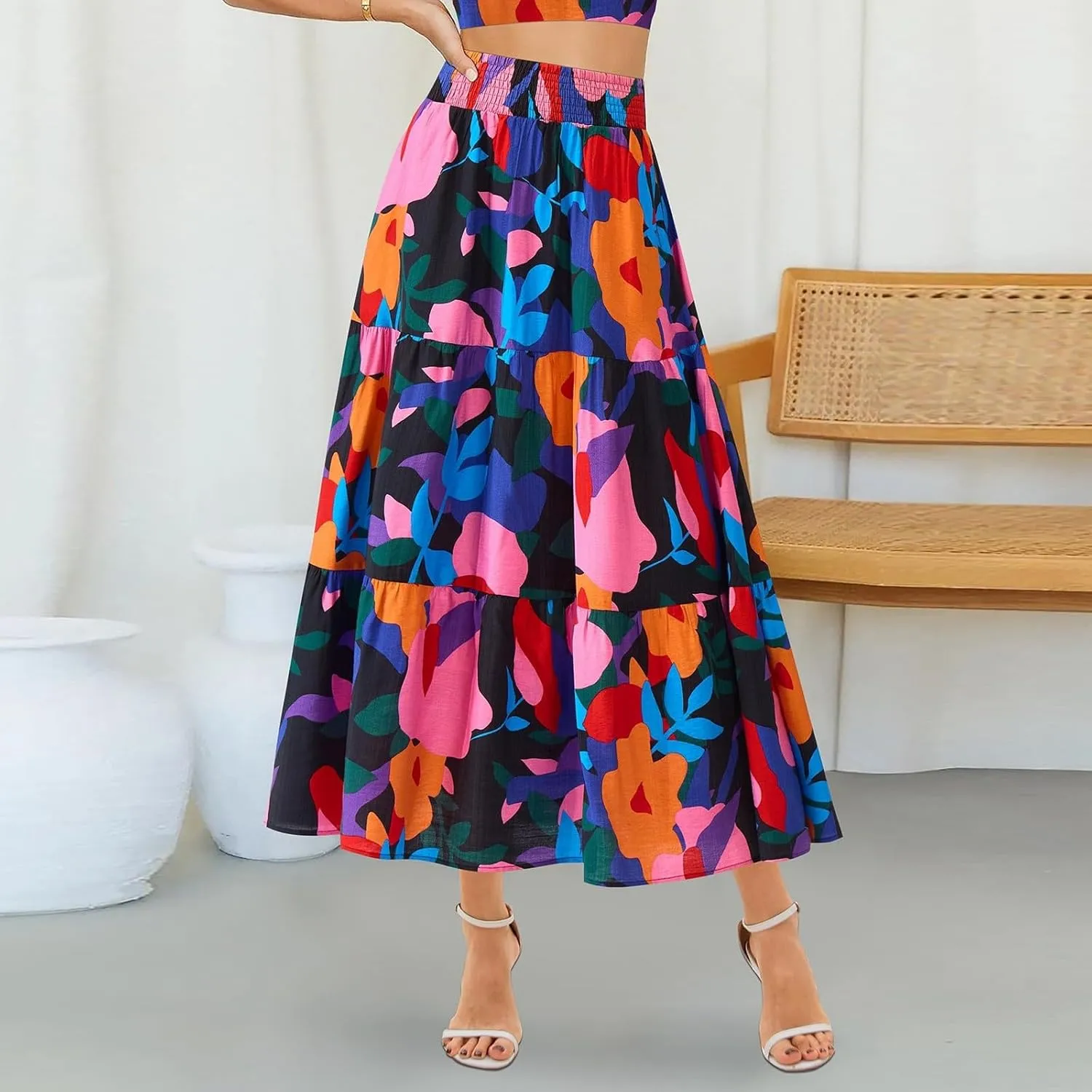 Summer Skirts for Women 2025 Loose Casual Trendy Elastic Waist Floral Print Boho Maxi Beach Skirt, S-2XL