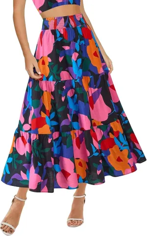 Summer Skirts for Women 2025 Loose Casual Trendy Elastic Waist Floral Print Boho Maxi Beach Skirt, S-2XL