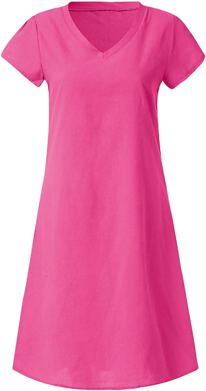 Summer Tshirt Dresses for Women Cotton Linen Short Sleeve V Neck Dress Plus Size Casual Loose Fit Mini Dresses