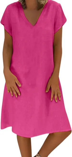 Summer Tshirt Dresses for Women Cotton Linen Short Sleeve V Neck Dress Plus Size Casual Loose Fit Mini Dresses