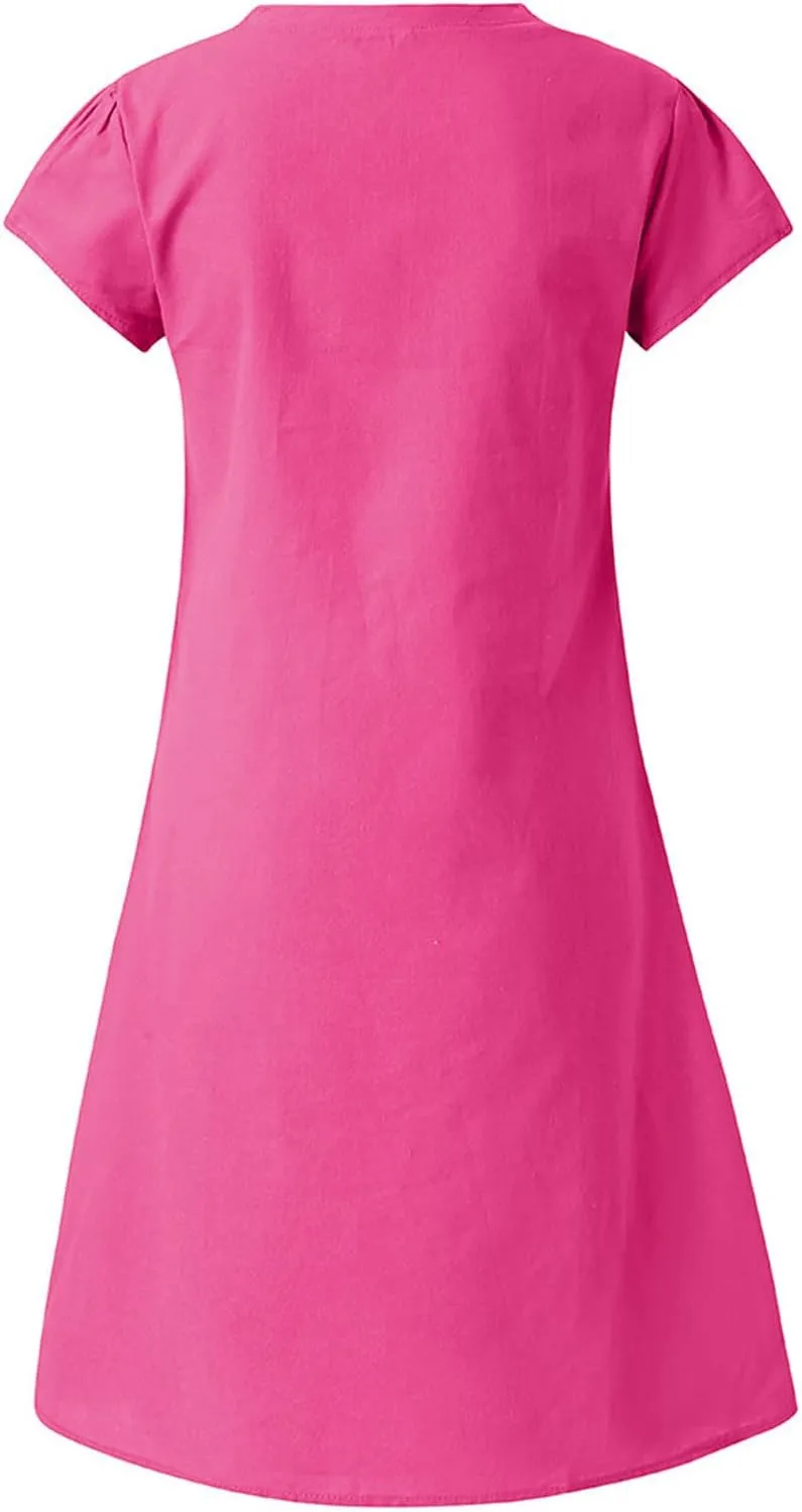 Summer Tshirt Dresses for Women Cotton Linen Short Sleeve V Neck Dress Plus Size Casual Loose Fit Mini Dresses