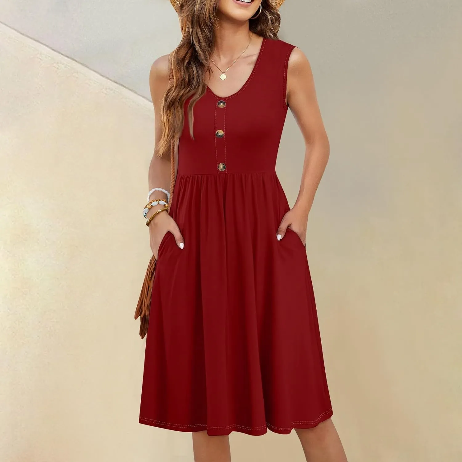 Sun Dresses for Women 2025 Summer Casual Sleeveless Button Beach Dresses Trendy Solid Color V Neck Dress with Pocket
