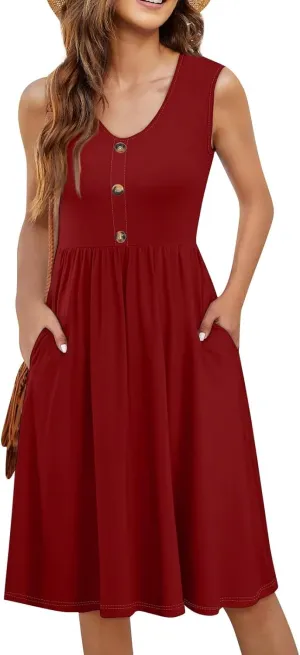 Sun Dresses for Women 2025 Summer Casual Sleeveless Button Beach Dresses Trendy Solid Color V Neck Dress with Pocket