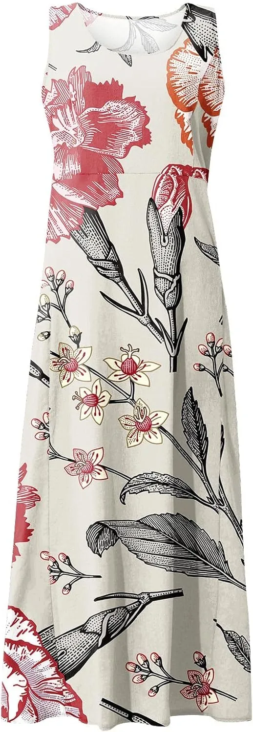 Sundress for Women 2025 Summer Sleeveless Print Dresses Flowy Casual Loose A Line Pleated Evening Dress with Pocket