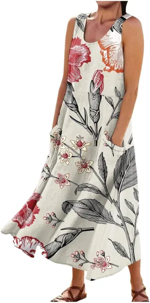 Sundress for Women 2025 Summer Sleeveless Print Dresses Flowy Casual Loose A Line Pleated Evening Dress with Pocket