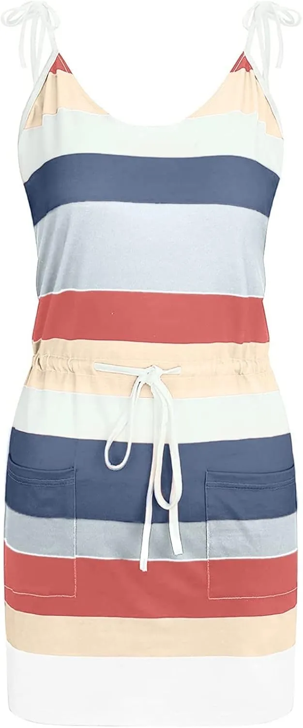 Sundresses for Women 2024 Summer Dresses Boho Casual Sling Sleeveless Striped Contrast Beach Mini graduation Dress