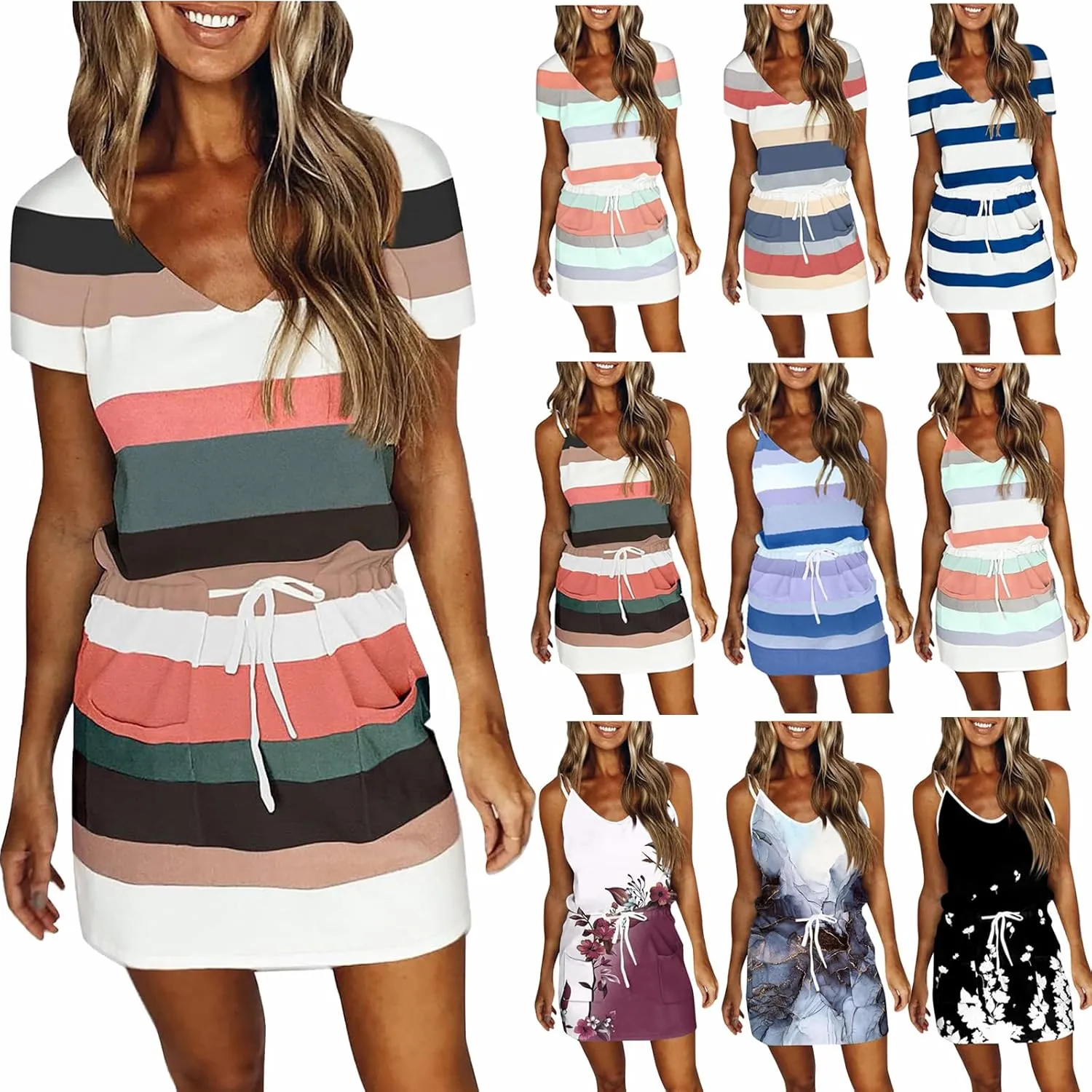 Sundresses for Women 2024 Summer Dresses Boho Casual Sling Sleeveless Striped Contrast Beach Mini graduation Dress