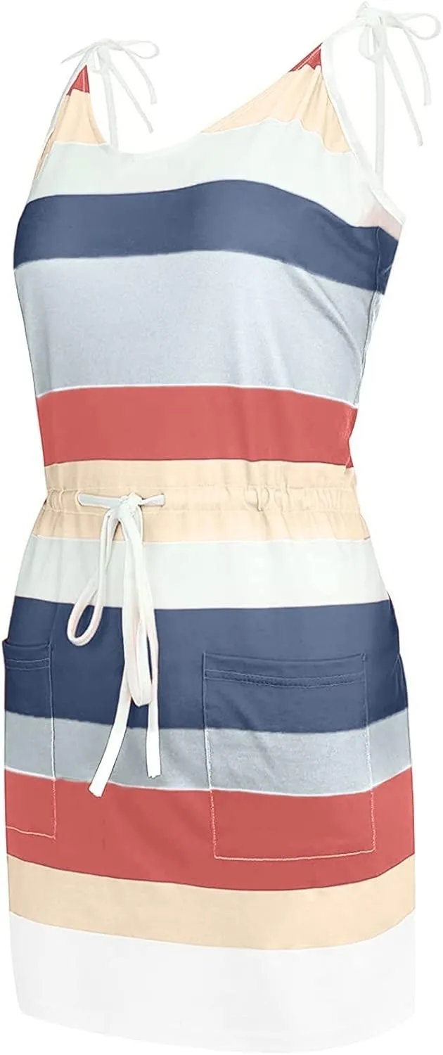 Sundresses for Women 2024 Summer Dresses Boho Casual Sling Sleeveless Striped Contrast Beach Mini graduation Dress