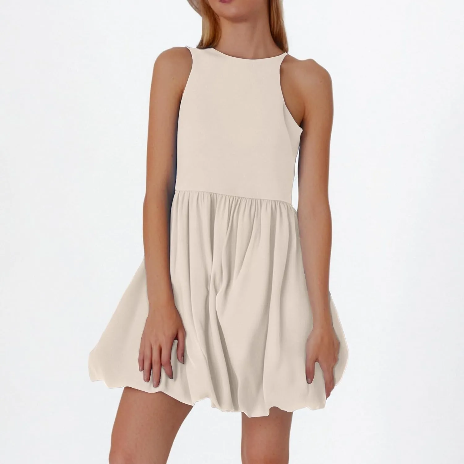 Sundresses for Women 2025 Casual Summer Boho Sleeveless Pleated Bubble Crewneck Short Tshirt Dress with Pockets
