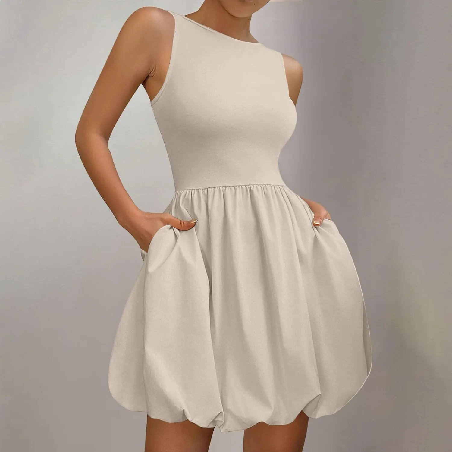Sundresses for Women 2025 Casual Summer Boho Sleeveless Pleated Bubble Crewneck Short Tshirt Dress with Pockets