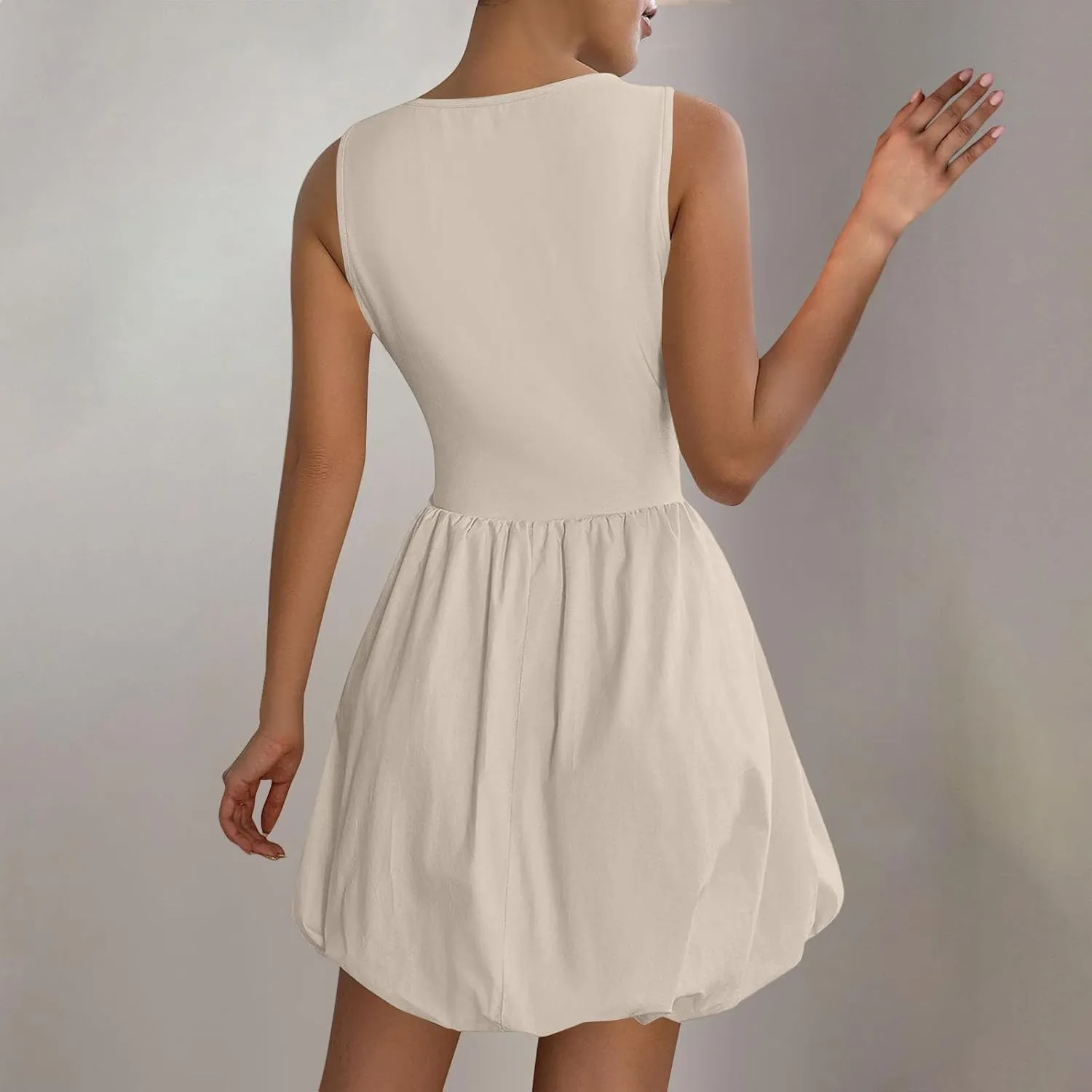 Sundresses for Women 2025 Casual Summer Boho Sleeveless Pleated Bubble Crewneck Short Tshirt Dress with Pockets