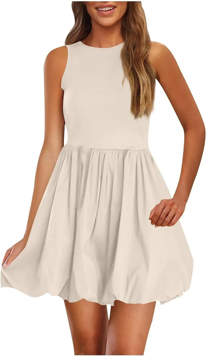 Sundresses for Women 2025 Casual Summer Boho Sleeveless Pleated Bubble Crewneck Short Tshirt Dress with Pockets