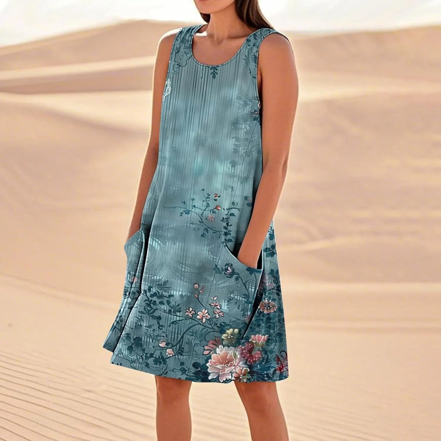 Sundresses for Women 2025 Crew Neck Sleeveless Cotton Linen Mini Dress Cute Floral Printed Tank Dress with Pockets