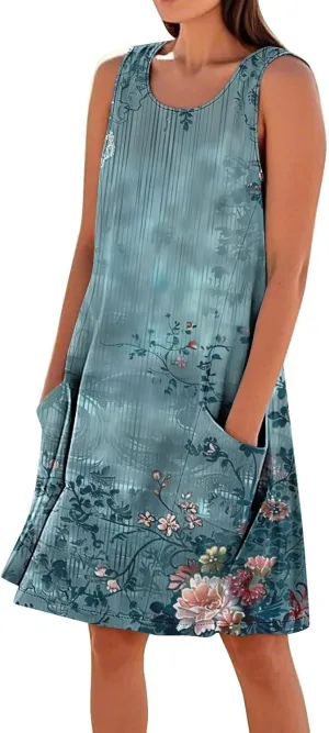 Sundresses for Women 2025 Crew Neck Sleeveless Cotton Linen Mini Dress Cute Floral Printed Tank Dress with Pockets